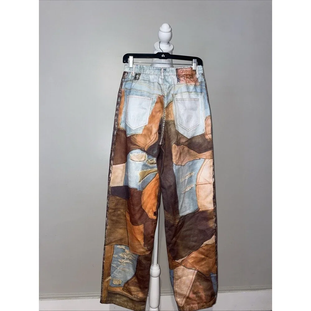 MICAS S Brown Patchwork Print Wide Leg Jeans Y2K Boho Western Festival NWT